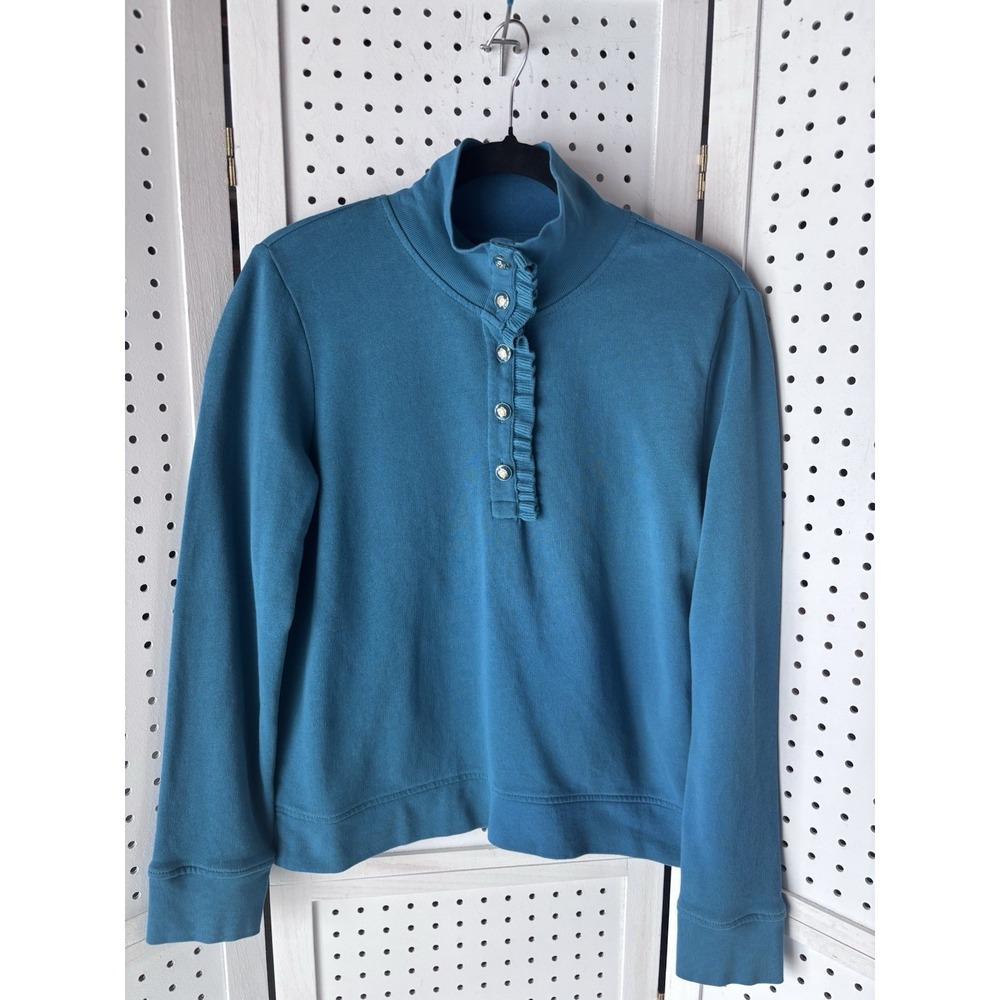 Talbots Women's S Teal Ruffle Placket 100% Cotton Mockneck Pullover Sweatshirt